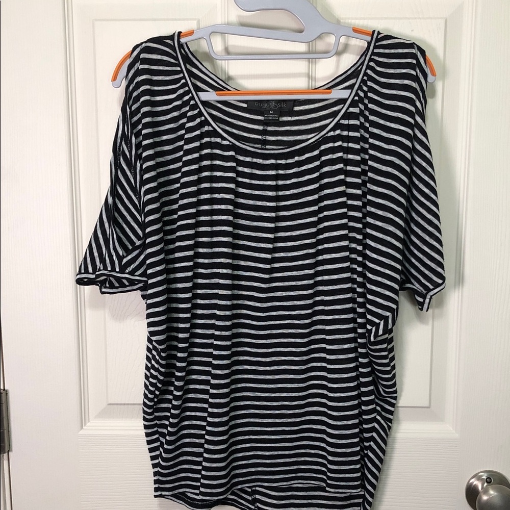 August Silk Black and White Striped cold shoulder Top